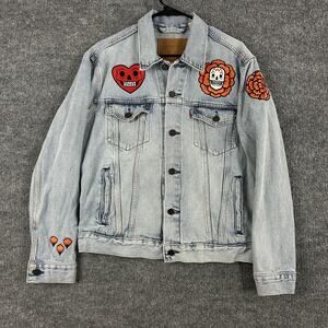 Levis Jacket Mens Medium Denim Biker Skeleton Floral Embroidered Trucker Custom